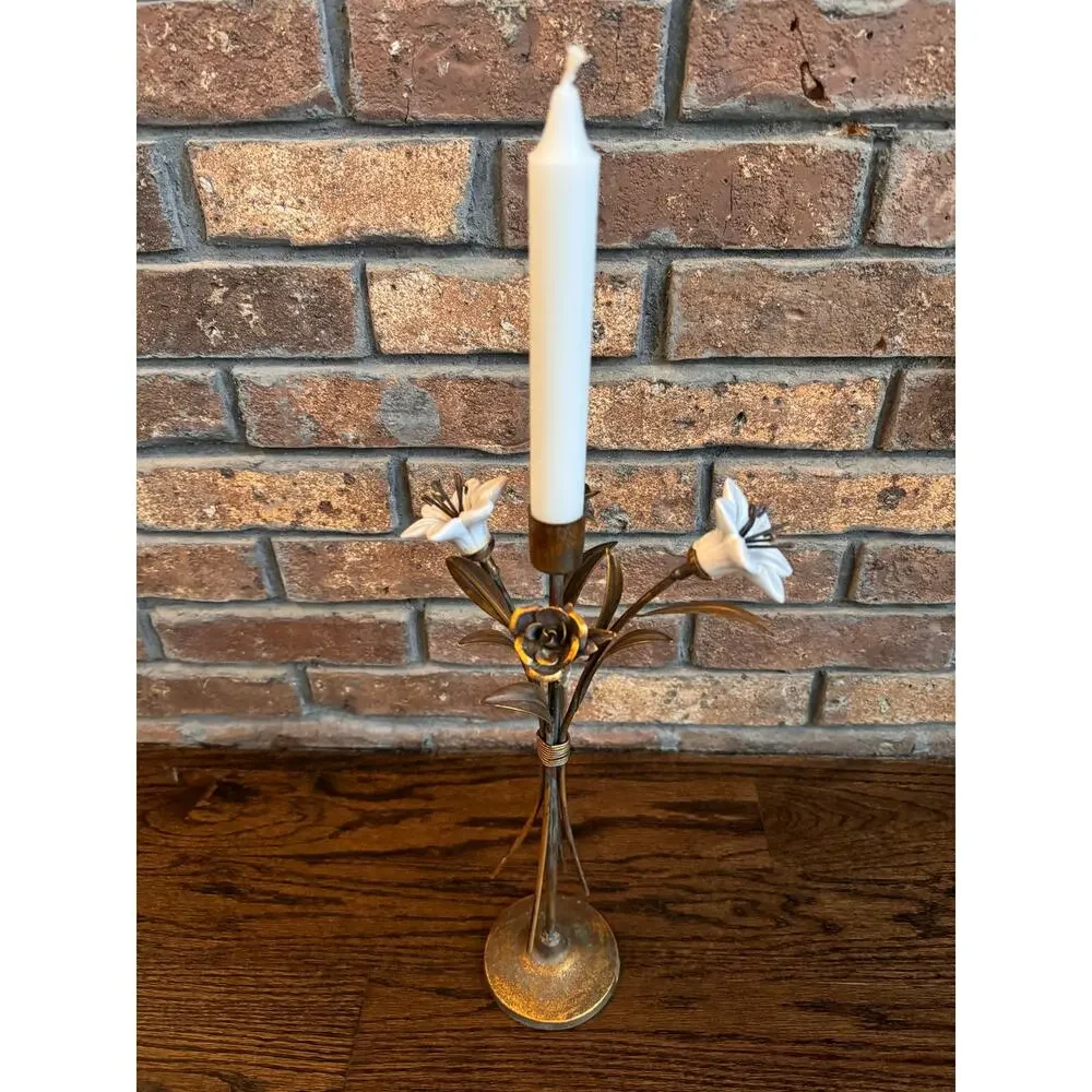 VINTAGE French Ceramic Lilies Bronze Tone Rose Hollywood Regency Candle Holder